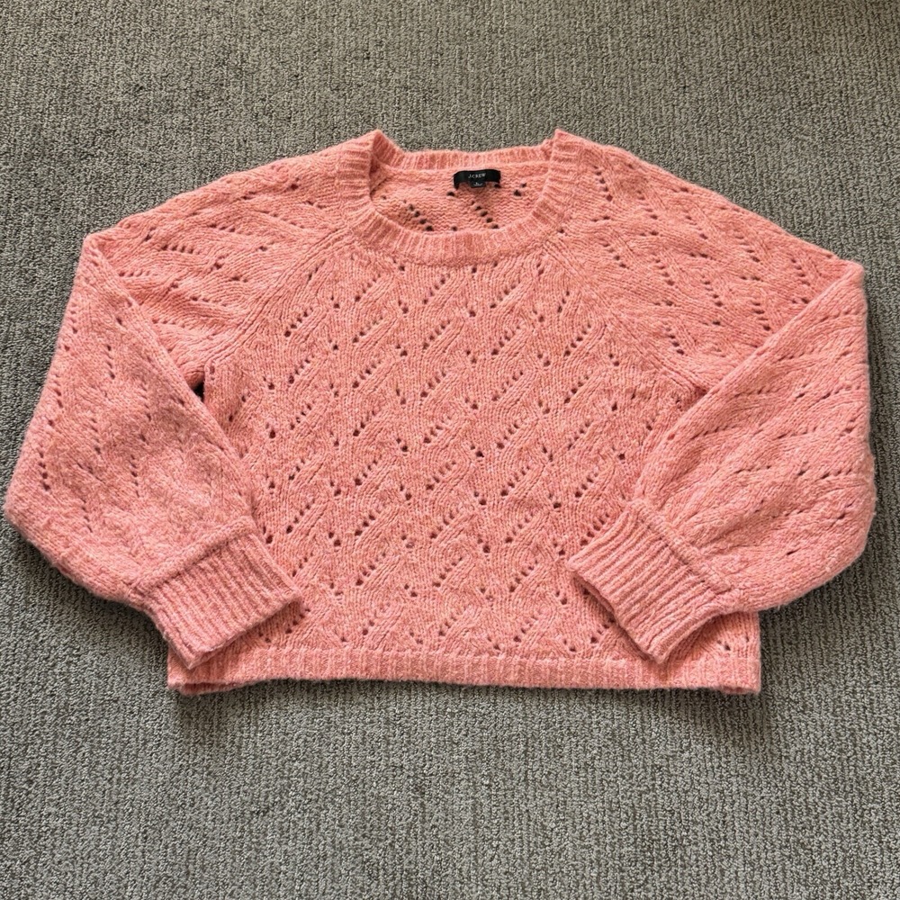 J Crew Womens L Cropped Open Knit Pullover Sweater Long Balloon Sleeve Coral